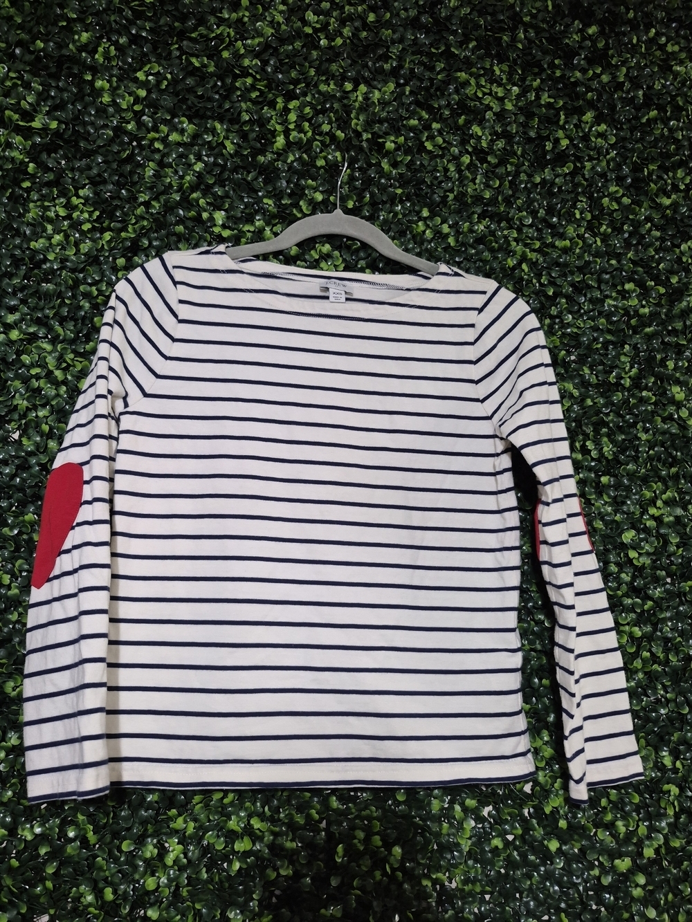 J. Crew White and Black Striped Long-Sleeve Tee with Red Elbow Patches